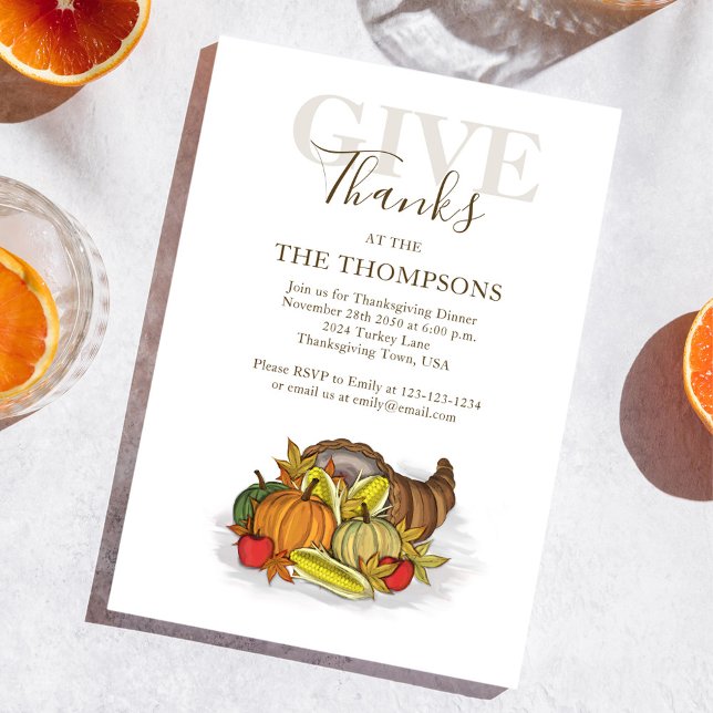 Fall Thanksgiving Cornucopia Give Thanks Invitation (Thanksgiving cornucopia invitation with watercolor turkey and fall foliage. )