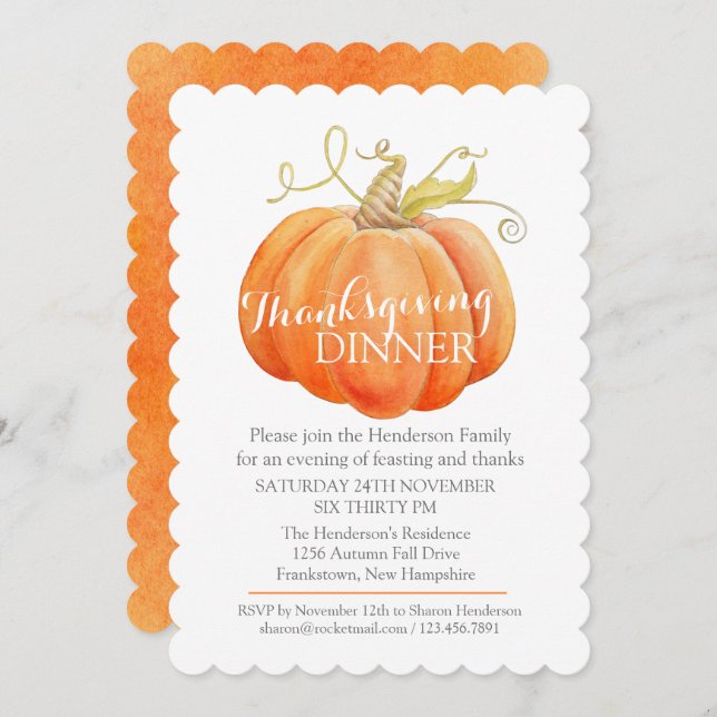 Fall thanksgiving dinner invite watercolor pumpkin (Front/Back)
