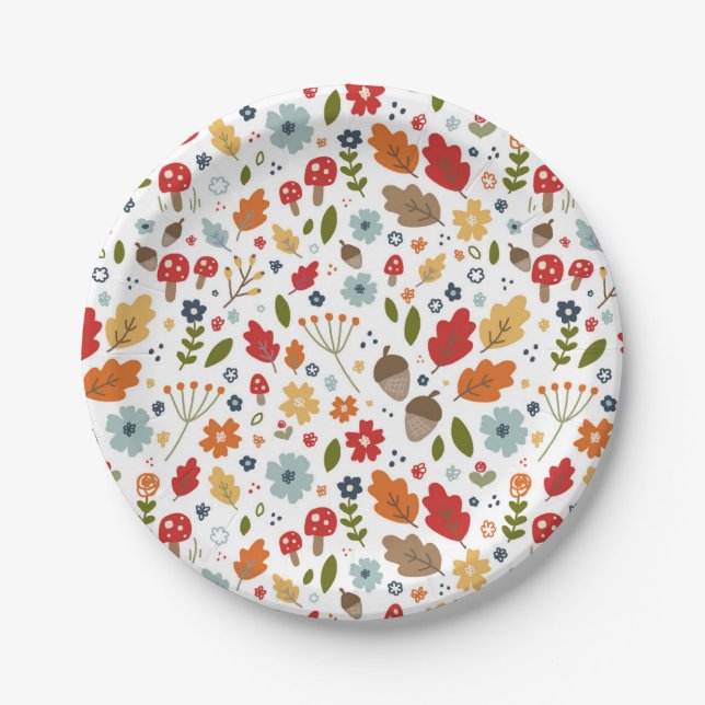Fall Thanksgiving Floral Mushroom Holiday Party Paper Plates (Front)