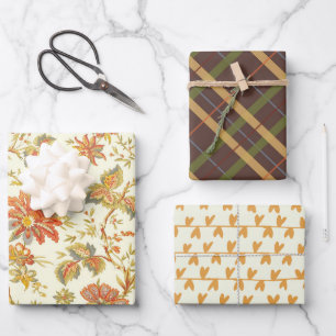 Fall Thanksgiving Floral Orange Plaid Hearts  Wrapping Paper Sheets