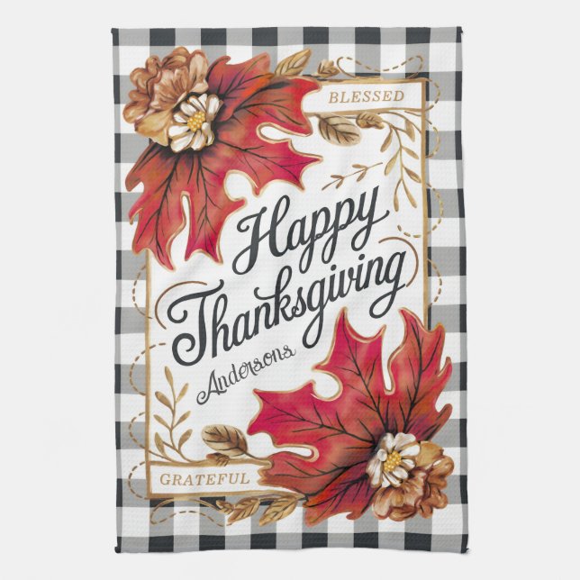 Fall Thanksgiving Maple Leaves Gingham Custom Kitchen Towel (Vertical)