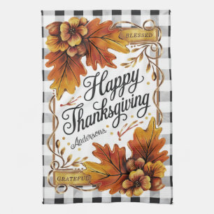Fall Thanksgiving Oak Leaves Gingham Custom Kitchen Towel