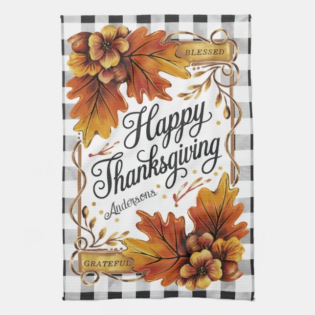 Fall Thanksgiving Oak Leaves Gingham Custom Kitchen Towel (Vertical)