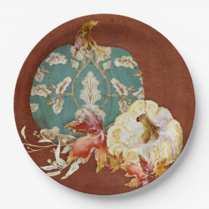 Fall Thanksgiving Pumpkin Scroll Pattern Leaf Art Paper Plates