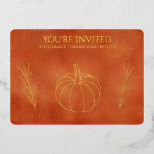 Fall Thanksgiving Pumpkin Wheat Leather Print Foil Invitation