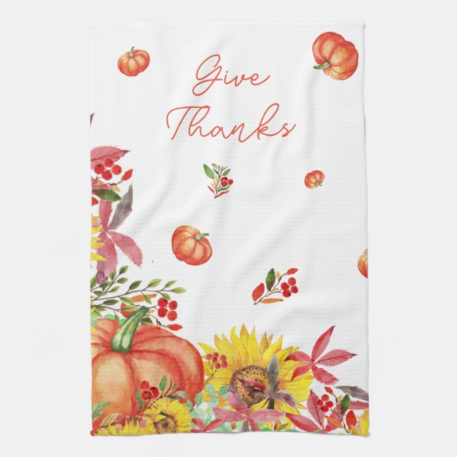 Fall Thanksgiving Watercolor Pumpkin Kitchen Towel (Vertical)