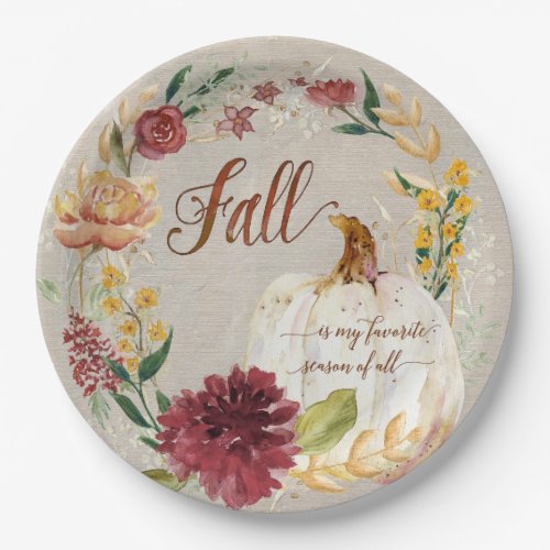 Fall Thanksgiving White Pumpkin Floral Wreath Paper Plates