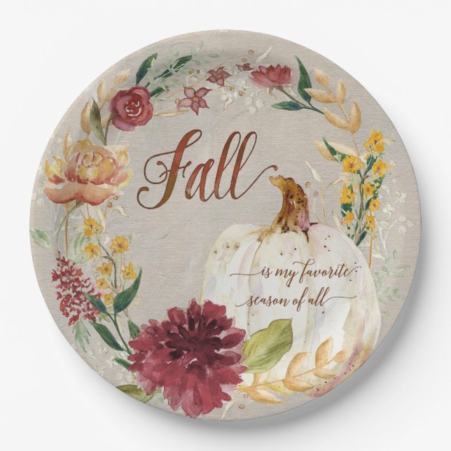 Fall Thanksgiving White Pumpkin Floral Wreath Paper Plates (Front)