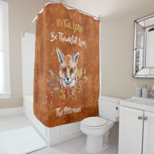 Fall theme fox and foliage on faux copper custom  shower curtain