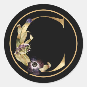 FALL THEME GOLD MONOGRAM C WITH FLORAL ARRANGEMENT CLASSIC ROUND STICKER