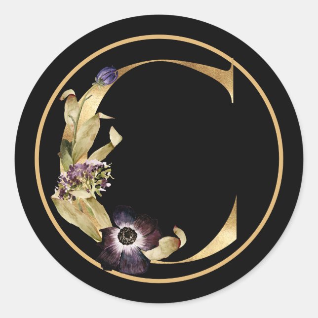 FALL THEME GOLD MONOGRAM C WITH FLORAL ARRANGEMENT CLASSIC ROUND STICKER (Front)