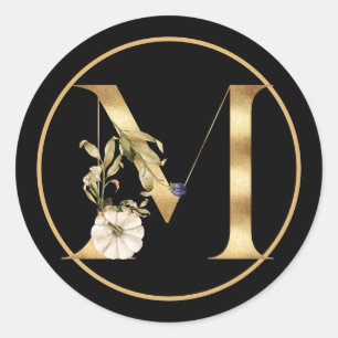 FALL THEME GOLD MONOGRAM M WITH PUMPKINS  CLASSIC ROUND STICKER