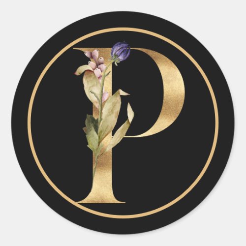 FALL THEME GOLD MONOGRAM P WITH FLORAL ARRANGEMENT CLASSIC ROUND STICKER