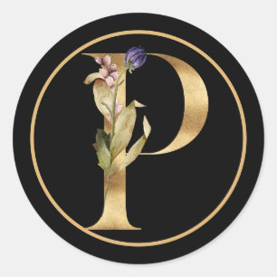 FALL THEME GOLD MONOGRAM P WITH FLORAL ARRANGEMENT CLASSIC ROUND STICKER