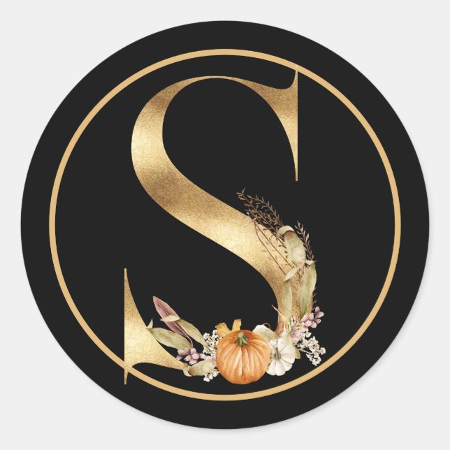 FALL THEME GOLD MONOGRAM S WITH PUMPKINS  CLASSIC ROUND STICKER (Front)