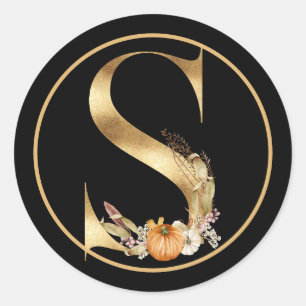 FALL THEME GOLD MONOGRAM S WITH PUMPKINS CLASSIC ROUND STICKER