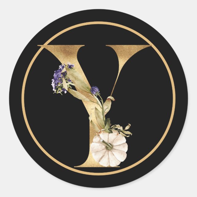 FALL THEME MONOGRAM Y WITH WHITE PUMPKIN CLASSIC ROUND STICKER (Front)