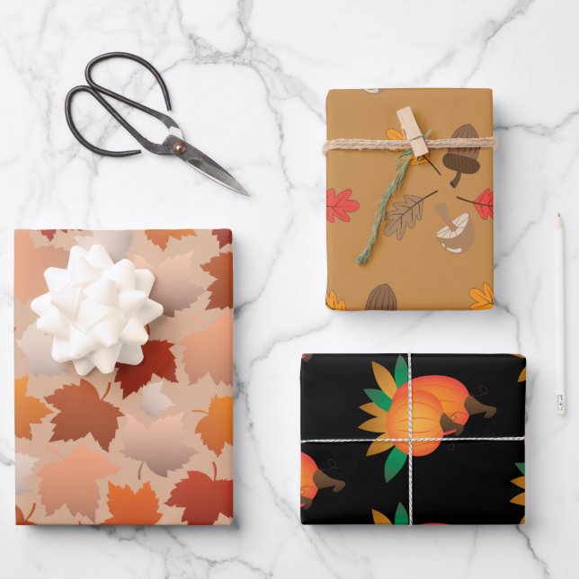 Fall Theme Wrapping Paper Flat Sheet Set of 3 (Front)