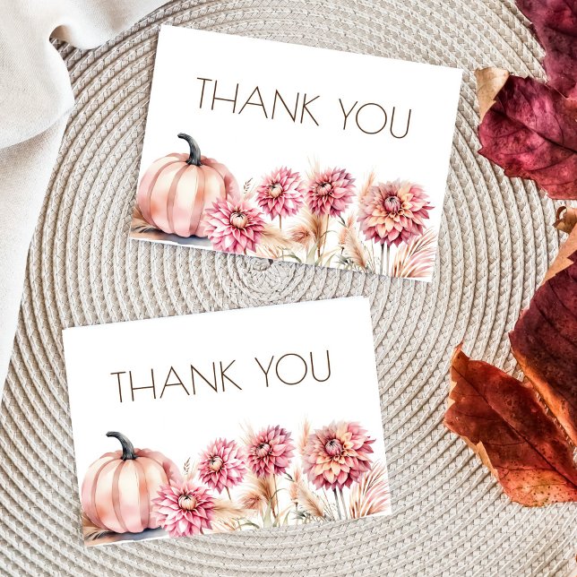 Fall themed boho bridal shower wedding thank you (Fall themed bridal shower wedding thank you cards boho desrt dusty pink pumpkin dahlias autumn theme)