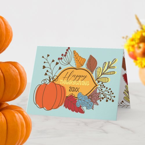 Fall_Themed Leaves Berries Pumpkin Thanksgiving  Card