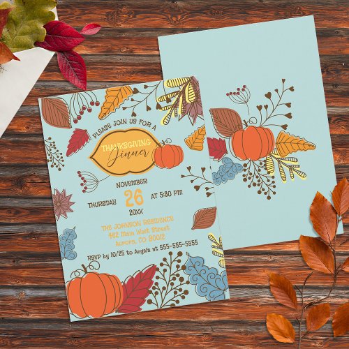 Fall_Themed Leaves Berries Pumpkin Thanksgiving  Invitation