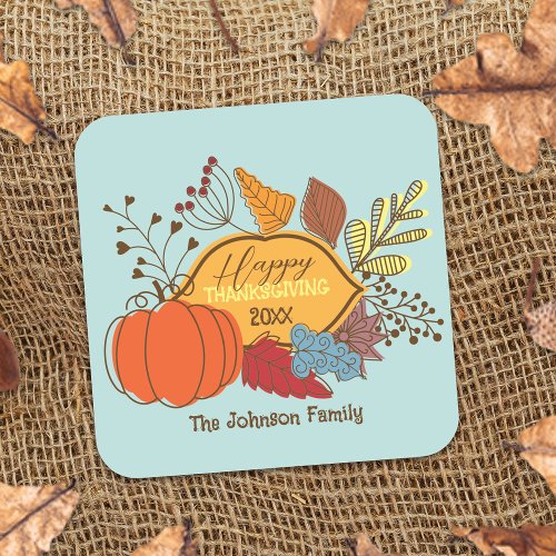 Fall_Themed Leaves Berries Pumpkin Thanksgiving  Square Sticker