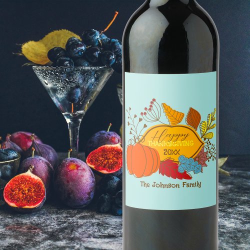 Fall_Themed Leaves Berries Pumpkin Thanksgiving  Wine Label