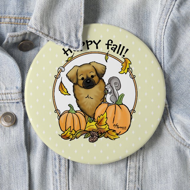 Fall Tibetan Spaniel (Brown) Dog Pumpkins Cute Button (In Situ)