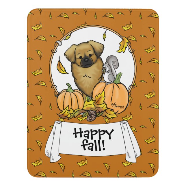 Fall Tibetan Spaniel (Brown) Dog Pumpkins Cute Door Sign (Contemporary Vert)