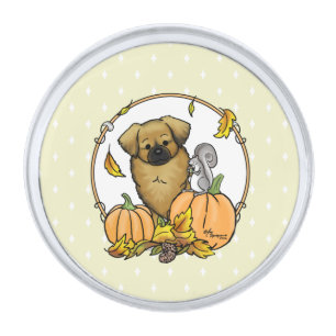 Fall Tibetan Spaniel (Brown) Dog Pumpkins Fun Silver Finish Lapel Pin