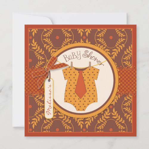 Fall Tie and Autumn Damask Vine Boy Baby Shower Personalized Invite