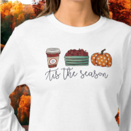 Fall Tis the Season Coffee Apples Pumpkin Monogram T-Shirt