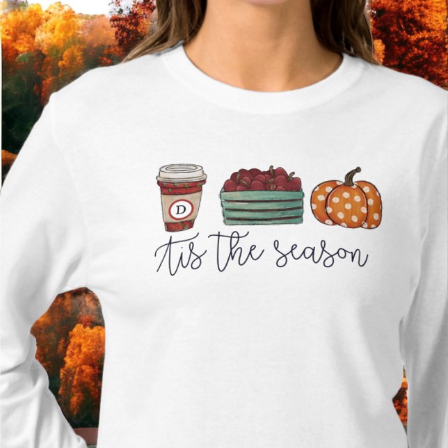 Fall Tis the Season Coffee Apples Pumpkin Monogram T-Shirt (Creator Uploaded)