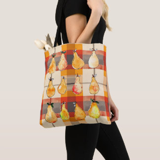 Fall tote bag with autumn plaid and pears