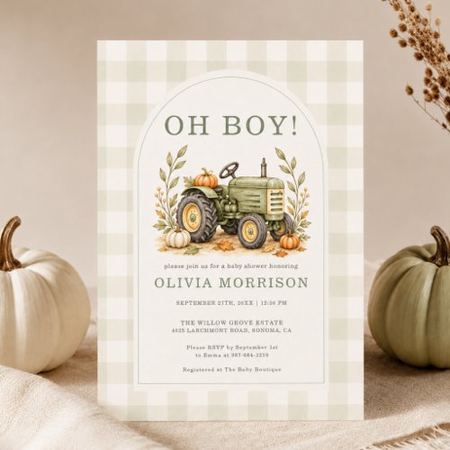 Fall Tractor Oh Boy Gingham Baby Shower Invitation