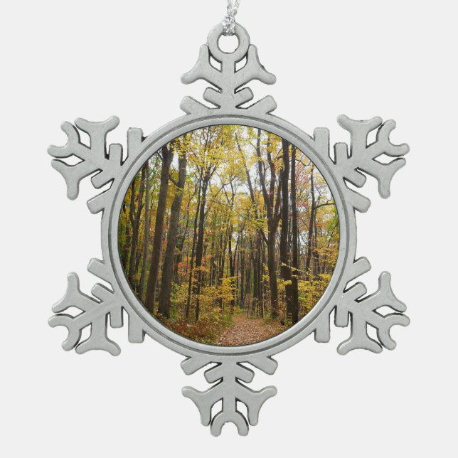 Fall Trail and Golden Leaves at Laurel Hill Park Snowflake Pewter Christmas Ornament (Front)