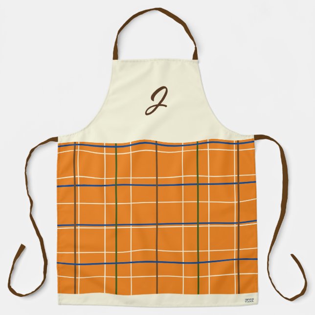 Fall Treat Plaid Orange Chocolate Cream Blue Green Apron (Front)
