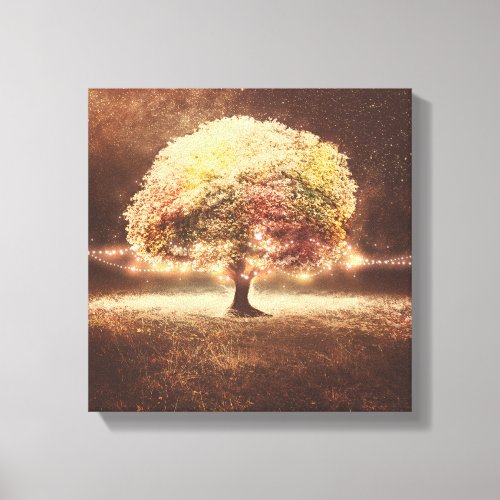 Fall Tree and Romantic Rustic String Lights Canvas Print