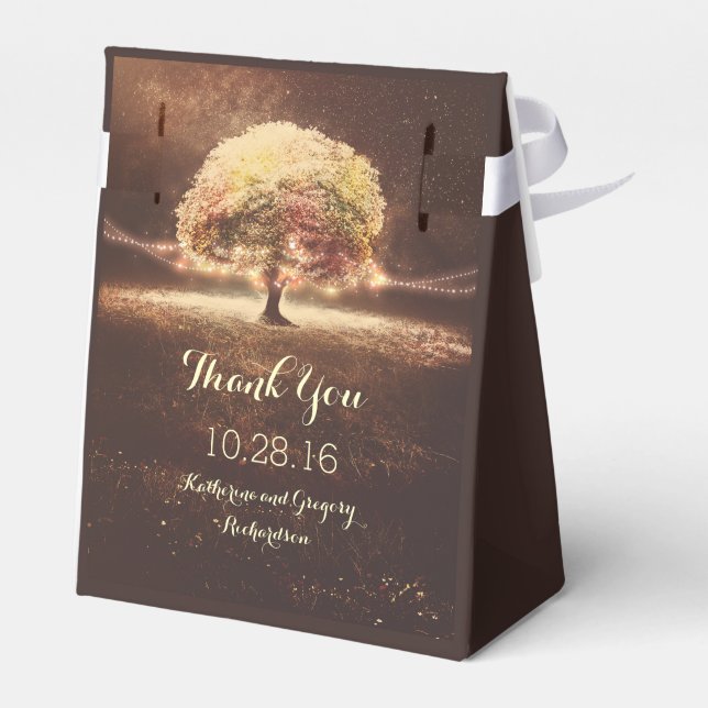 Fall Tree and Rustic String Lights Dreamy Wedding Favor Boxes (Back Side)