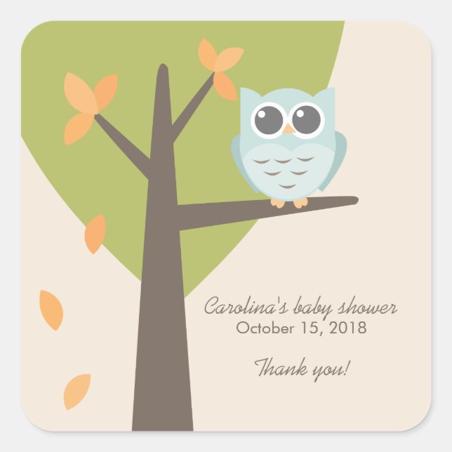 Fall Tree Branch Blue Owl Baby Shower Favor Square Sticker (Front)