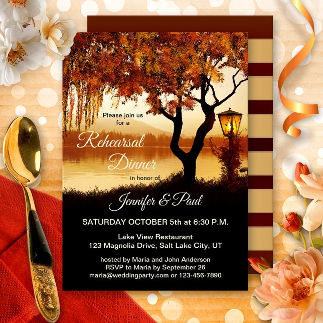 Fall Tree Lake View Rehearsal Dinner Invitation (Rehearsal Dinner invitation featuring a colorful autumn tree and festive lantern overlooking a lake)