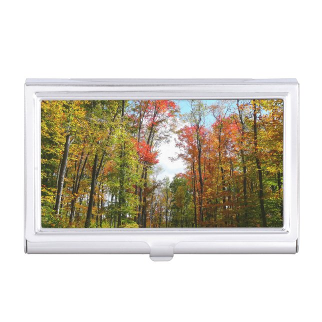 Fall Trees and Blue Sky Autumn Nature Photography Business Card Holder (Front)