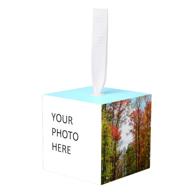 Fall Trees and Blue Sky Autumn Nature Photography Cube Ornament (Front Angled)