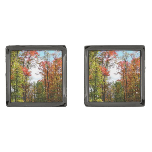 Fall Trees and Blue Sky Autumn Nature Photography Cufflinks (Front)
