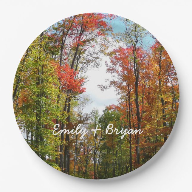 Fall Trees and Blue Sky Autumn Nature Photography Paper Plates (Front)
