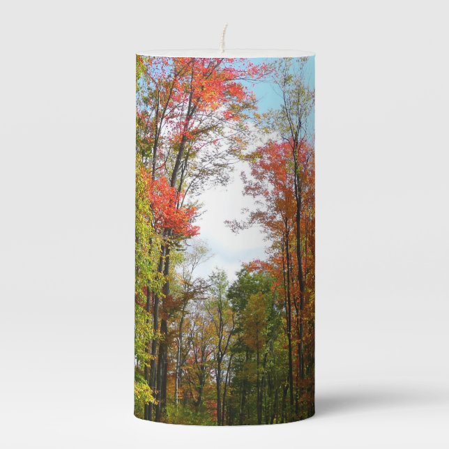 Fall Trees and Blue Sky Autumn Nature Photography Pillar Candle (Front)