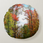 Fall Trees and Blue Sky Autumn Nature Photography Round Pillow