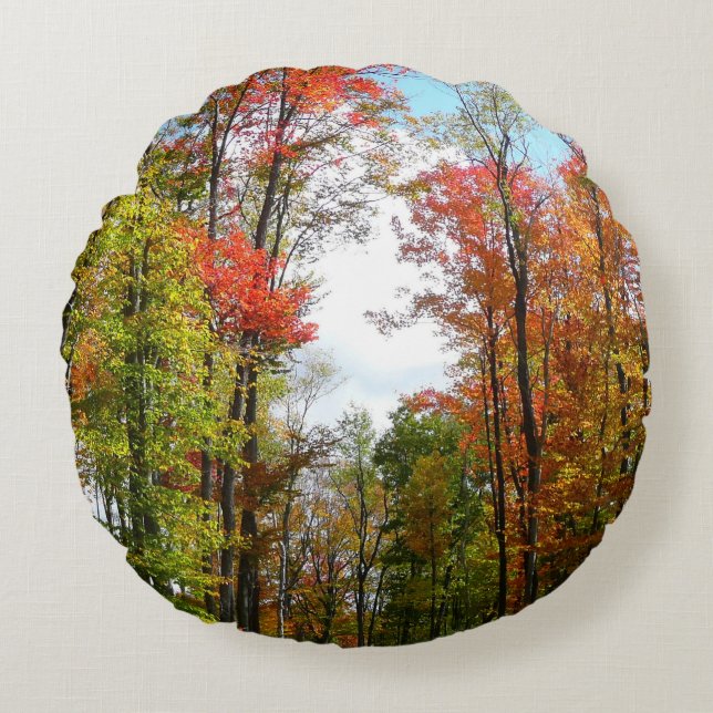 Fall Trees and Blue Sky Autumn Nature Photography Round Pillow (Front)