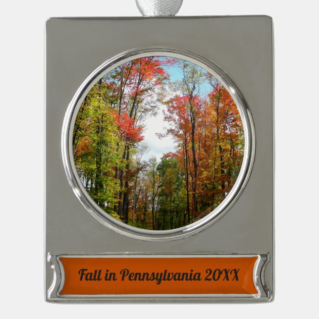Fall Trees and Blue Sky Autumn Nature Photography Silver Plated Banner Ornament (Front)