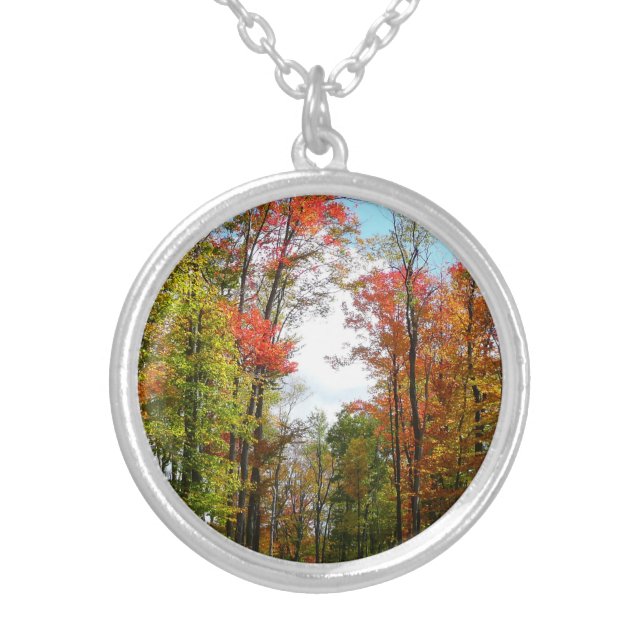 Fall Trees and Blue Sky Autumn Nature Photography Silver Plated Necklace (Front)
